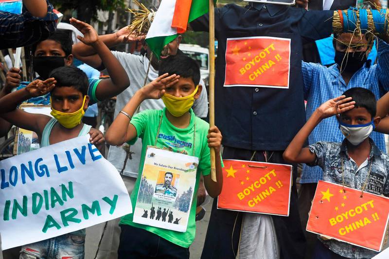 Children take part in an anti-China demonstration in the eastern Indian city of Kolkata. AFP