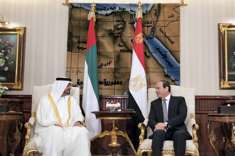 CAIRO, EGYPT - May 15, 2019: HH Sheikh Mohamed bin Zayed Al Nahyan Crown Prince of Abu Dhabi Deputy Supreme Commander of the UAE Armed Forces (L), meets with HE Abdel Fattah El-Sisi President of Egypt (R), at Cairo.

( Mohamed Al Hammadi / Ministry of Presidential Affairs )
---