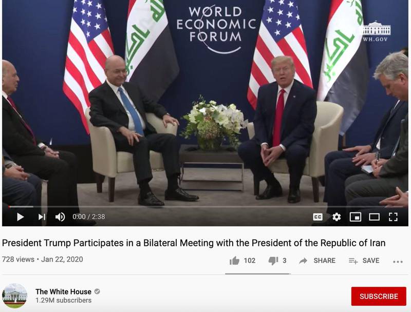 A screen grab from The White House's official YouTube channel that mistakenly said US President Donald Trump is meeting with the President of the Republic of Iran. Twitter 
