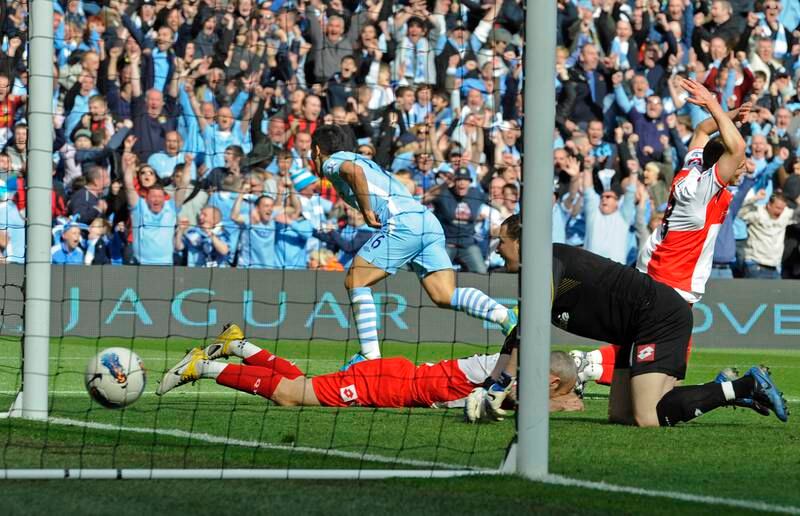 Sergio Aguero scores the late winner Manchester City against Queens Park Rangers at the Etihad Stadium on May 13, 2012. Getty