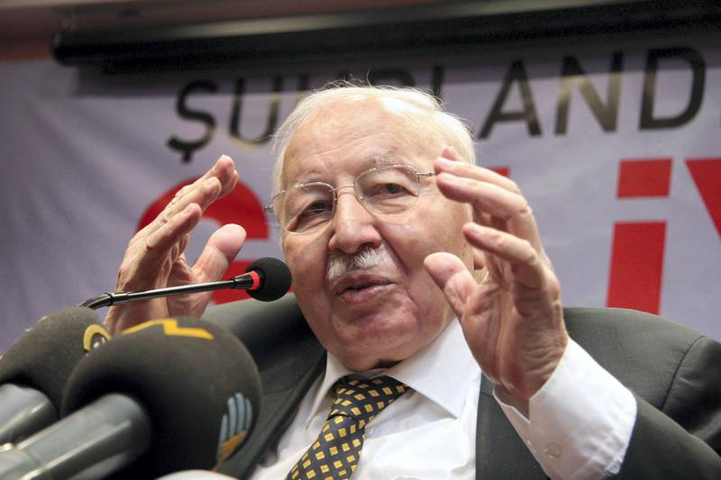 Undated photo shows Necmettin Erbakan, a former Prime Minister who led Turkey's first Islamist government between 1996 and 1997, speaking during a news conference in Ankara. Erbakan, the mentor of political Islam in secular Turkey and its first Islamist prime minister, died of a heart failure on February 27, 2011, aged 84, doctors and aides said. "Turkey has lost one of its most valuable people... Let him rest in peace," Erbakan's long-time associate Oguzhan Asilturk said on NTV television. The chief physician of the Ankara hospital that had been treating Erbakan since early January said his condition deteriorated in the morning.   AFP PHOTO / ADEM ALTAN (Photo by ADEM ALTAN / AFP)