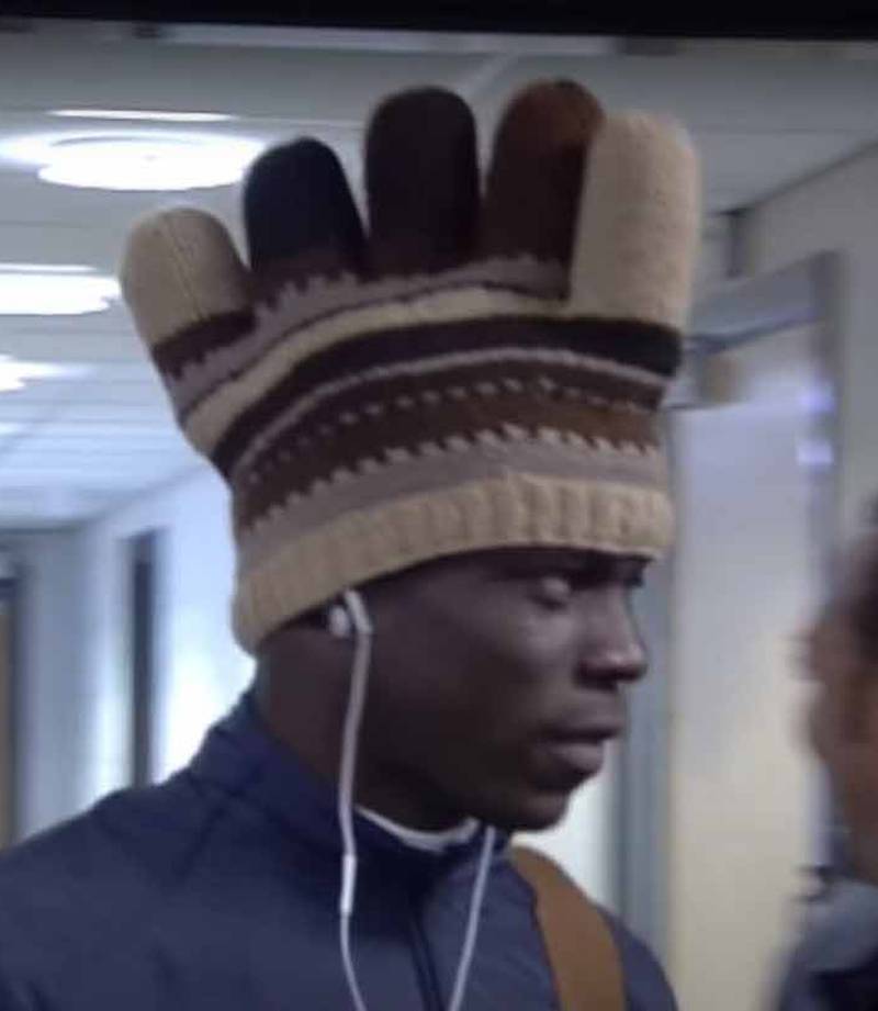 No 2 - deliberate fowl: Former Inter Milan, Manchester City, and AC Milan forward Mario Balotelli in his infamous 'chicken' hat in December 2010.
