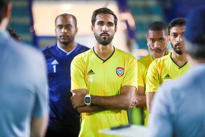 Habib Fardan listens to UAE manager Jorge Luis Pinto during a training session in Dubai ahead of friendly matches against Tajikistan and Bahrain.