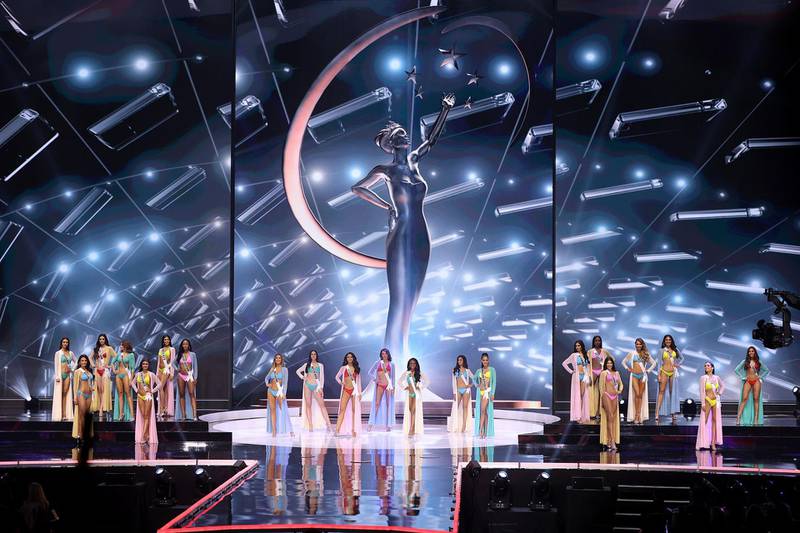 Contestants appear on stage ahead of the final announcement at the Miss Universe 2020 pageant. Getty Images