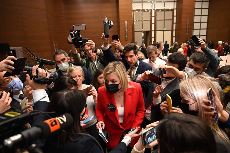 Russian Foreign Ministry spokeswoman Maria Zakharova speaks to the media as the foreign ministers of Ukraine, Russia and Turkey hold talks in Antalya, 15 days after Russia launched a military invasion on Ukraine. AFP