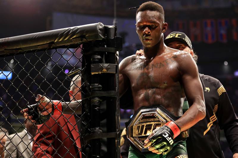 Israel Adesanya exits the octagon after his unanimous decision win over Jared Cannonier. Getty