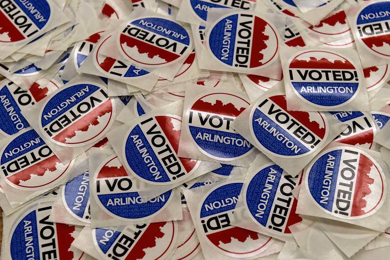 Stickers for people who vote in the Super Tuesday primary are on display at Wakefield High School in Arlington, Virginia. AFP