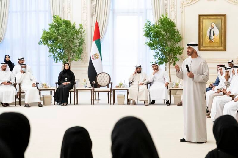 President Sheikh Mohamed speaks during an event to celebrate World Teachers' Day, at the Sea Palace, in Abu Dhabi. Photos: Presidential Court 