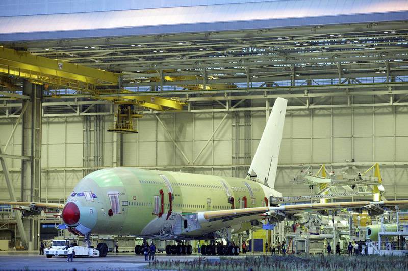 The first Airbus A380 passenger aircraft, MSN 01, is moved between hangers at the Airbus factory in Toulouse, France. Bloomberg