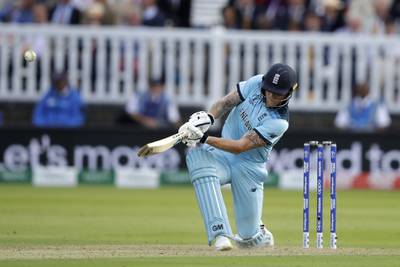 Ben Stokes hits a six during the 2019 World Cup final against New Zealand at Lord's. AP