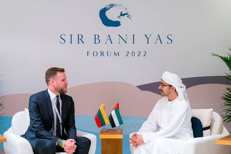 Sheikh Abdullah bin Zayed, Minister of Foreign Affairs and International Co-operation, with Gabrielius Landsbergis, Minister of Foreign Affairs of Lithuania, on Friday. All photos: Wam