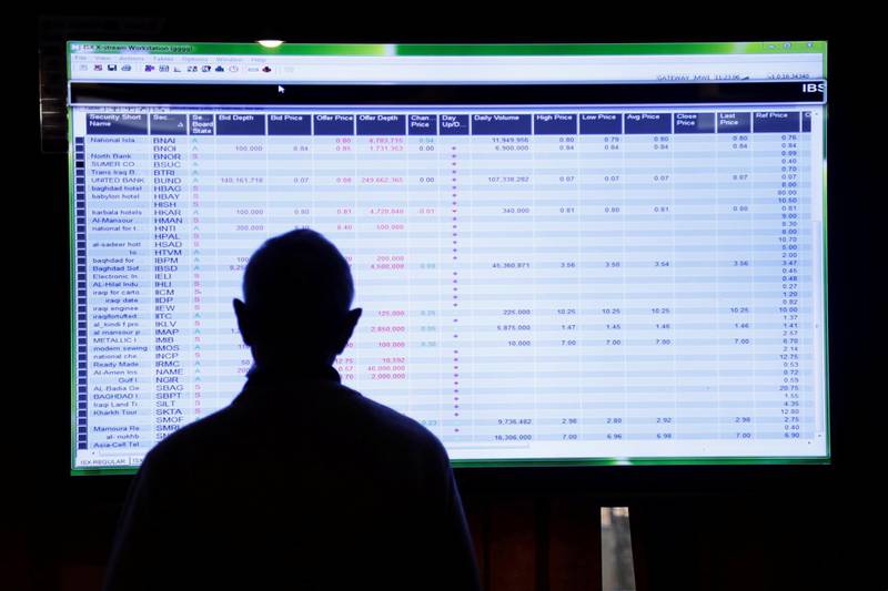 An investor is silhouetted as he monitor prices on the Iraq Stock Exchange in Baghdad. Reuters