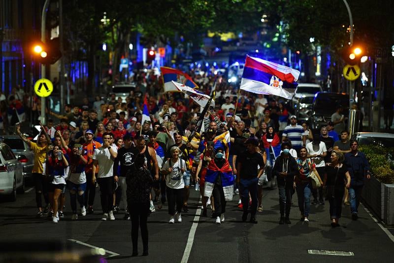 Members of the Serbian community march in Melbourne, Australia.  Serbian tennis player Novak Djokovic was to be released from an immigration detention center in Melbourne after an order by the Federal Circuit Court.  The tennis world number one had been staying in a hotel-turned-detention center after his visa was revoked upon landing in Australia.   EPA