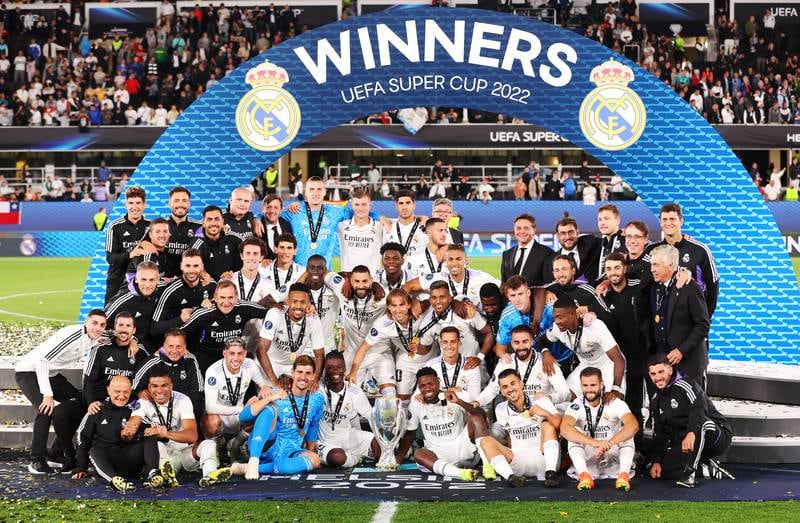 Real Madrid celebrate winning the Uefa Super Cup trophy. Getty Images