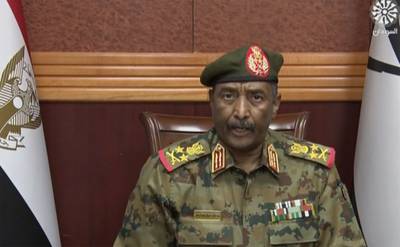 Sudan's Gen  Abdel Fattah Al Burhan announced in a televised address that he was dissolving the country's ruling Sovereign Council and the government led by Prime Minister Abdalla Hamdok. Gen Al Burhan said the military would run the country until elections in 2023. Photo: Sudan TV / AP