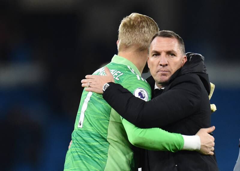 Leicester City manager Brendan Rodgers and goalkeeper Kasper Schmeichel after the 6-3 defeat against Manchester City. Reuters
