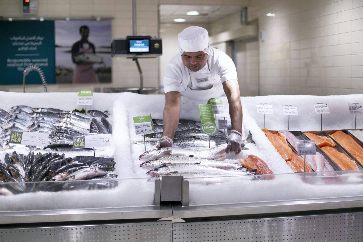 DUBAI, UNITED ARAB EMIRATES - April 4 2019.Fish Farm salmon in Spinney's.Fish Farm LLC is bringing home-grown salmon to the UAE's supermarkets and restaurants, with positive implications for food security. (Photo by Reem Mohammed/The National)Reporter: Section:  NA