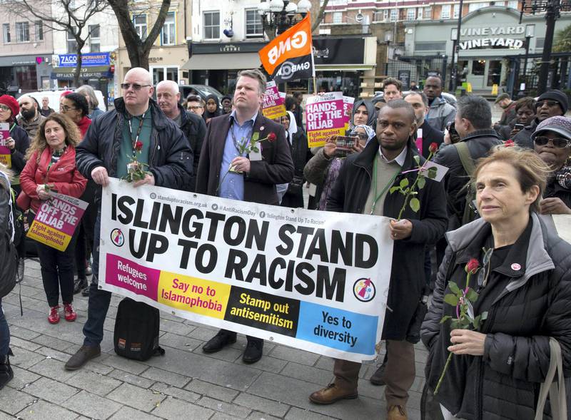 LONDON 3rd April 2018. Protesters take part in the Stop Racism demonstration in Islington, North London on 'Punish a Muslim Day ' Stephen Lock for the National 