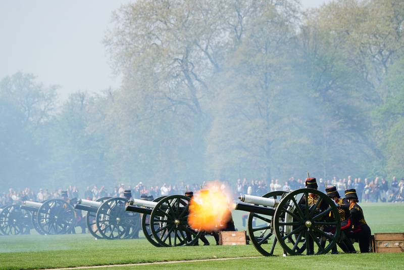 The King's Troop Royal Horse Artillery fire a 41-Gun Royal Salute in Hyde Park, London. PA