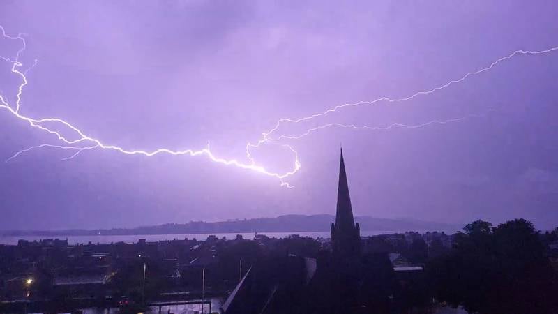Lightning strikes during a thunderstorm in Dundee, in eastern Scotland. Reuters