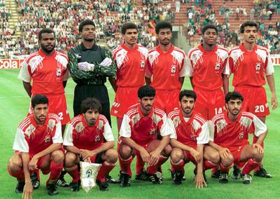 The UAE team to face West Germany at Italia 90. From left: Faraj, Abdulrahman, I.M. Abdulrahman, Y.M. Mohammad, K.G. Mubarak, Abdullah, N.K. Mubarak, Abbas, K.I. Mubarak, Jumaa, and Adnan Al Talyani) pose for the official group picture at the Giuseppe Meazza stadium in Milan. The UAE lost to the eventual world champions 5-1. AFP