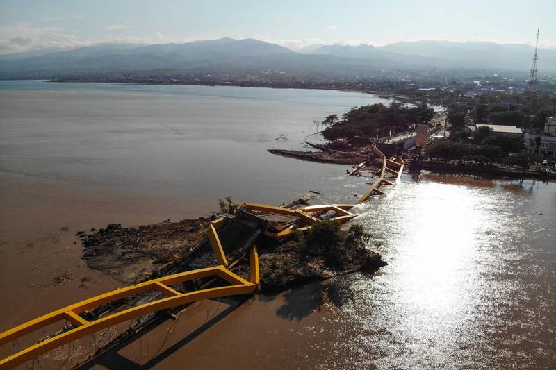 A collapsed bridge is pictured in Palu. AFP
