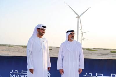 Sheikh Khaled bin Mohamed, Crown Prince of Abu Dhabi and chairman of Abu Dhabi Executive Council, inaugurates the UAE Wind Programme during a ceremony on Sir Bani Yas Island alongside Dr Sultan Al Jaber, Minister of Industry and Advanced Technology, chairman of Masdar and Cop28 President-designate. Photo: Abu Dhabi Government Media Office 