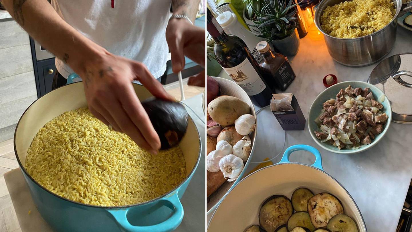 Dua Lipa and Anwar Hadid cooked maeloubah after getting the recipe from Anwar's father, Mohamed Hadid. Instagram / Dua Lipa