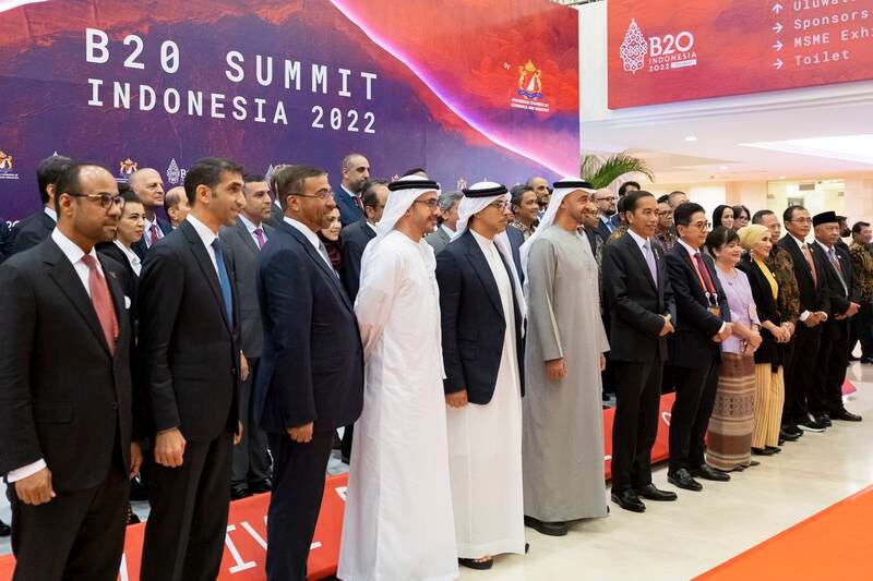Sheikh Mohamed and President Joko Widodo pictured with Emirati and Indonesian delegations. Ryan Carter / UAE Presidential Court