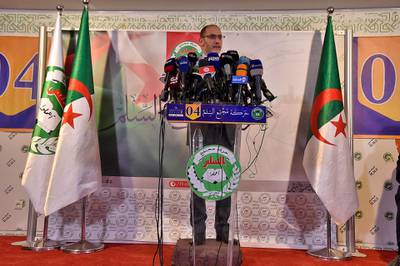 Leader of Algeria's Islamist party, the Movement of Society for Peace (MSP), Abderrezak Mokri holds a press conference at the party's headquarters in the capital Algiers. AFP
