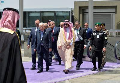 Prince Badr welcomes Mr Abbas to Jeddah before the summit. AFP