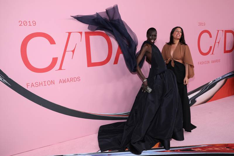 Model Alek Wek and Rosie Assoulin arrive for the 2019 CFDA fashion awards at the Brooklyn Museum in New York City on June 3, 2019. Reuters