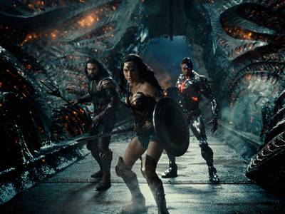 This image released by HBO Max shows, from left, Jason Momoa as Aquaman, Gal Gadot as Wonder Woman, and Ray Fisher as Cyborg, in a scene from "Zack Snyder's Justice League." (HBO Max via AP)