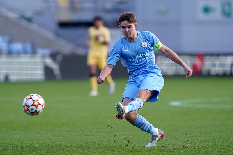 Manchester City's James McAtee scores his third goal to complete a hat-trick in the Uefa Youth League Group A match against Club Brugge at the Academy Stadium in Manchester in November 2021.