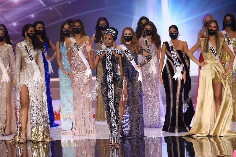 Miss Universe 2019 Zozibini Tunzi appears onstage at the Miss Universe 2020 pageant. Getty Images/AFP