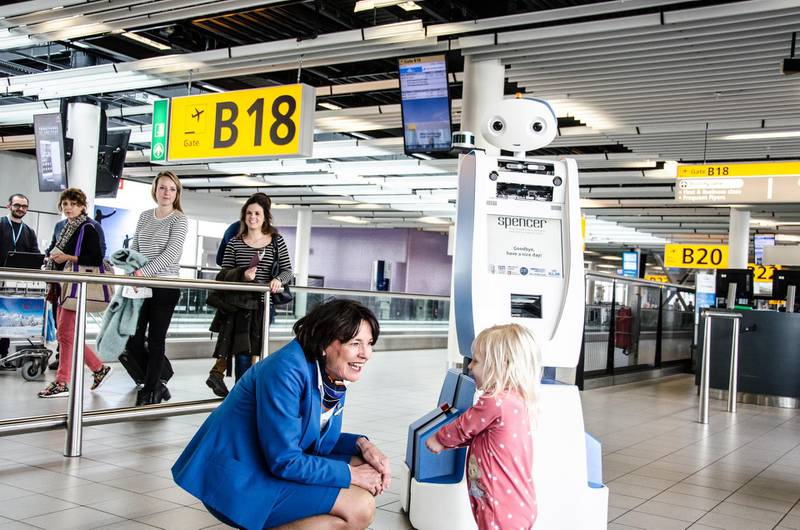 Spencer the robot helped travellers at Amsterdam Schiphol airport navigate the terminal. Courtesy KLM