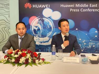 Charles Yang (R), Huawei’s Middle East president, and Li Xiangyu (L), Vice President of Huawei Middle East speak at a media briefing in Oman. Alkesh Sharma / The National 