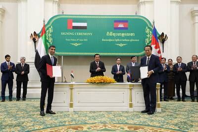 From left, Dr Thani Al Zeyoudi, UAE Minister of State for Foreign Trade, with Cambodia’s Prime Minister Hun Sen and Commerce Minister Pan Sorasak at the signing ceremony. Photo: Ministry of Economy