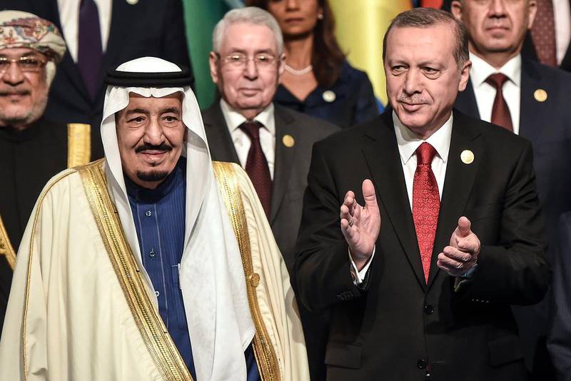 King Salman of Saudi Arabia with Turkish president Recep Tayyip Erdogan during the OIC Summit in Istanbul yesterday. Ozan Kose / AFP


