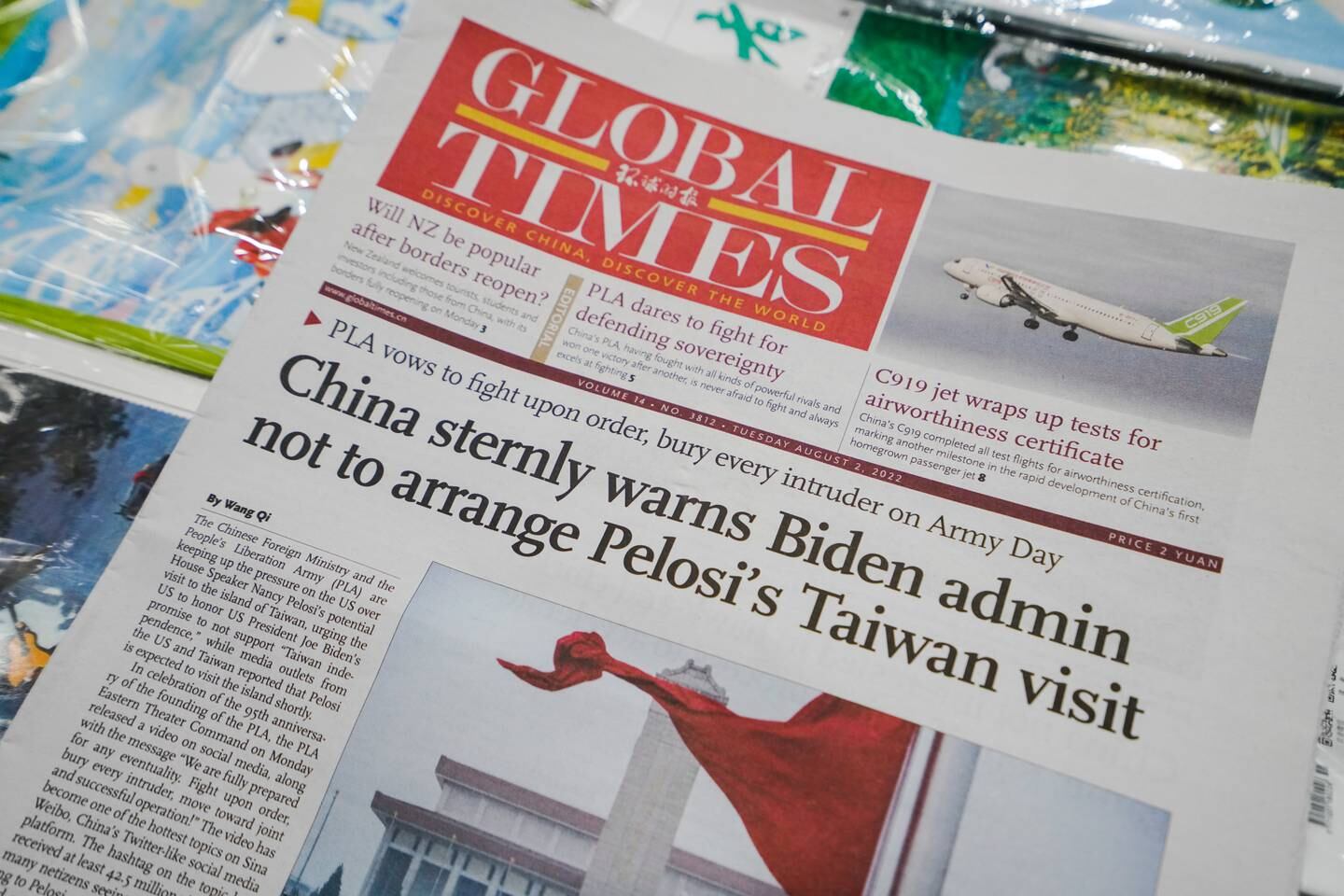 An article on China's response to Nancy Pelosi's visit to Taiwan was published on the front page of 'The Global Times' English version in Beijing. EPA