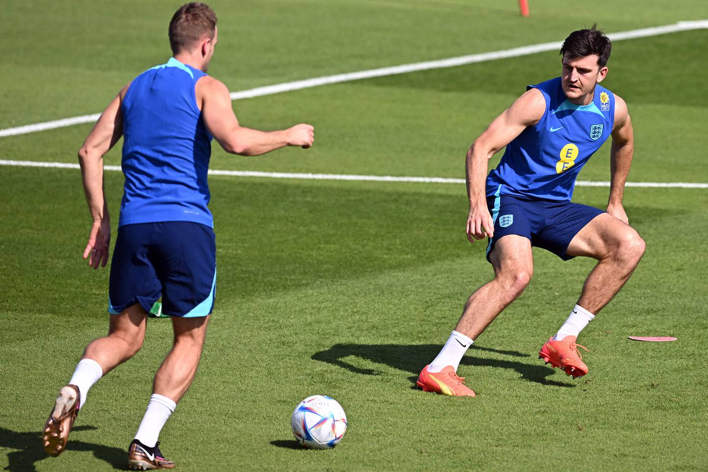 Harry Maguire, right, is an almost certain starter for England despite having lost his place in Manchester United's team. AFP