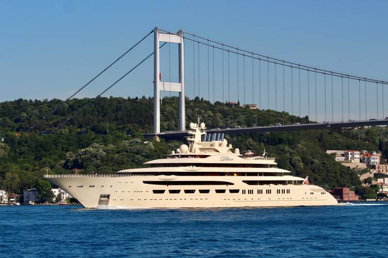 The 'Dilbar', a luxury yacht owned by the sister of Russian billionaire Alisher Usmanov, in the Bosphorus in Istanbul, Turkey, in May 2019.  Reuters