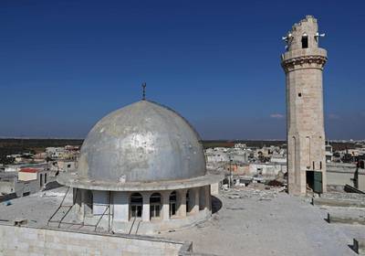The damaged roof and minaret of a mosque in the village of al-Nayrab. AFP