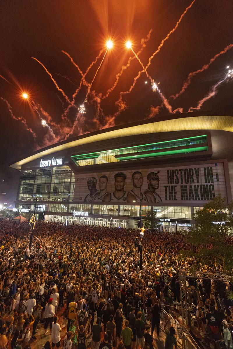 Fireworks explode over Fiserv Forum after the Milwaukee Bucks defeated the Phoenix Suns in Game 6 of the NBA basketball finals.