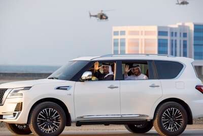 President Sheikh Mohamed and Sheikh Hamdan bin Zayed, Ruler’s Representative in Al Dhafra Region, in Yas Island for the Union Fortress 9 military parade. Ryan Carter / UAE Presidential Court