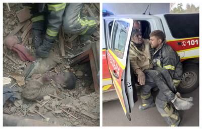 A woman before and after she was removed by rescuers from debris after a military strike on the town of Rubizhne, Luhansk. Reuters