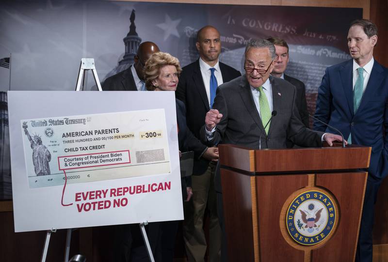 Senate Majority Leader Chuck Schumer holds a news conference to talk about the benefits of the child tax credit at the Capitol in Washington in July. AP Photo