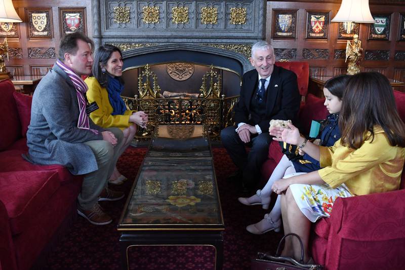 Mrs Zaghari-Ratcliffe, Richard Ratcliffe and their daughter Gabriella with Speaker of the House of Commons Sir Lindsay Hoyle and MP Tulip Siddiq at the Palace of Westminster, in March. Photo: UK Parliament