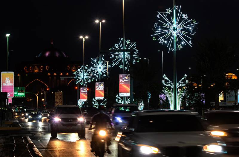 Abu Dhabi, United Arab Emirates, April 5, 2021.   Ramadan lights along the Corniche.Victor Besa/The NationalSection:  NAFor:  Stand alone/Stock