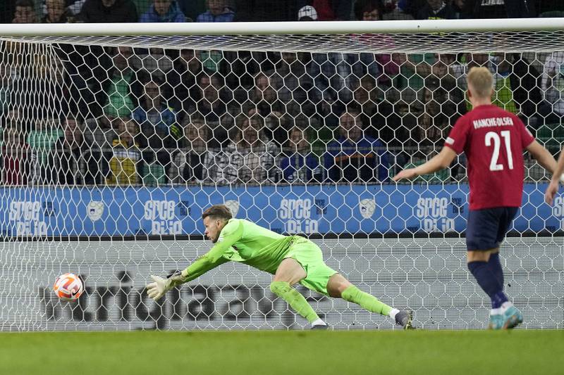 Norway goalkeeper Orjan Nyland attempts to save Benjamin Sesko's winning goal. AP
